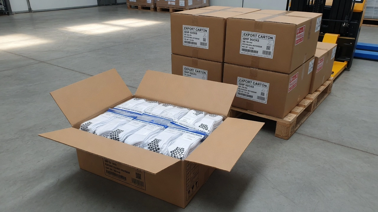 Open export carton filled with individually wrapped custom white grip socks in polybags, stacked on a warehouse pallet ready for wholesale shipment to the USA or UK