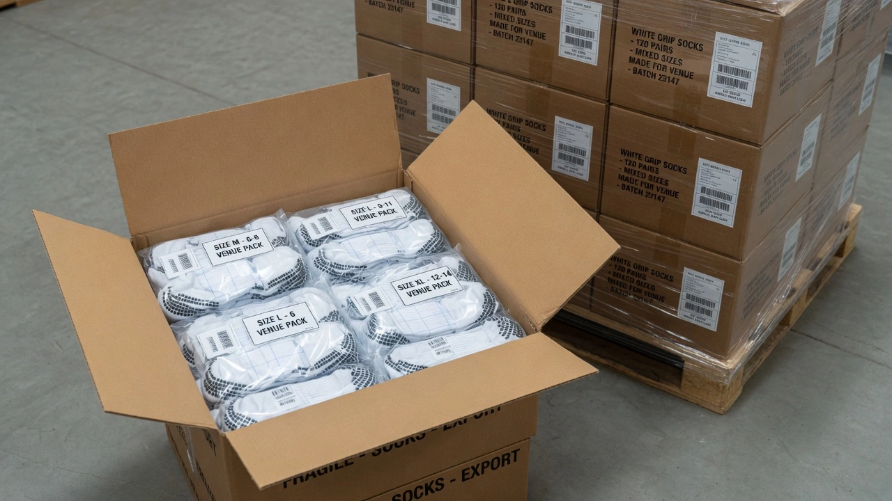 Open export carton filled with individually wrapped pairs of white custom trampoline park grip socks in polybags, stacked on a warehouse pallet ready for international wholesale shipment