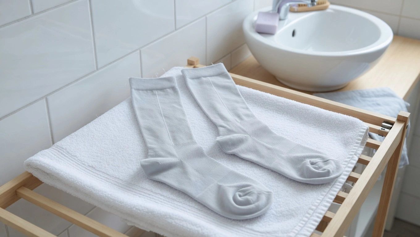 Lightweight compression socks turned inside out and laid flat to air dry on a clean white towel in a bright bathroom or utility space after washing