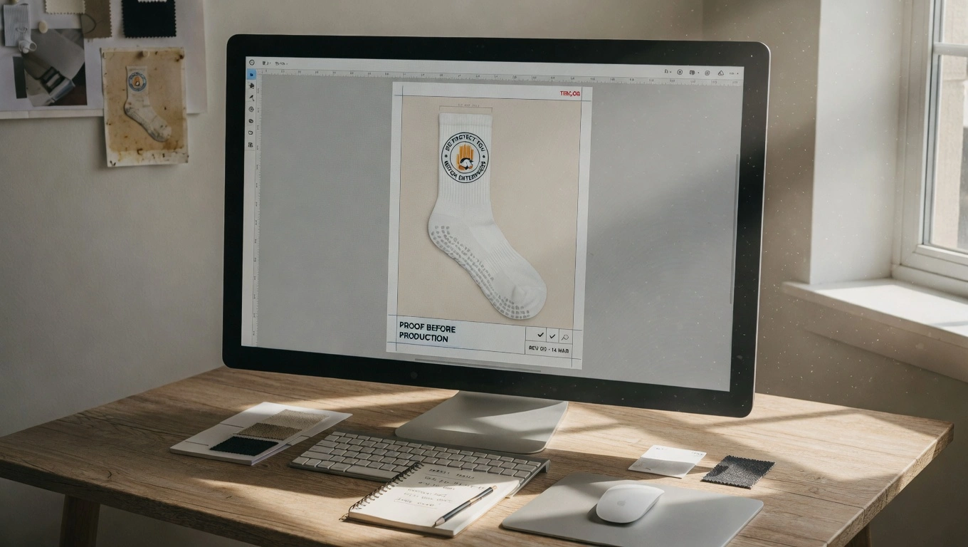 A graphic designer's screen showing a custom grip sock digital proof mockup with logo placement and colour options on a studio monitor
