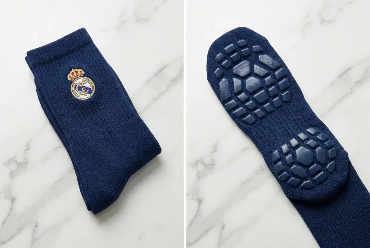 Side-by-side view of a custom integrated grip soccer sock showing the team-coloured calf section with woven crest above and the PVC grip sole pattern visible below, demonstrating the two-in-one design that replaces the cut sock workaround