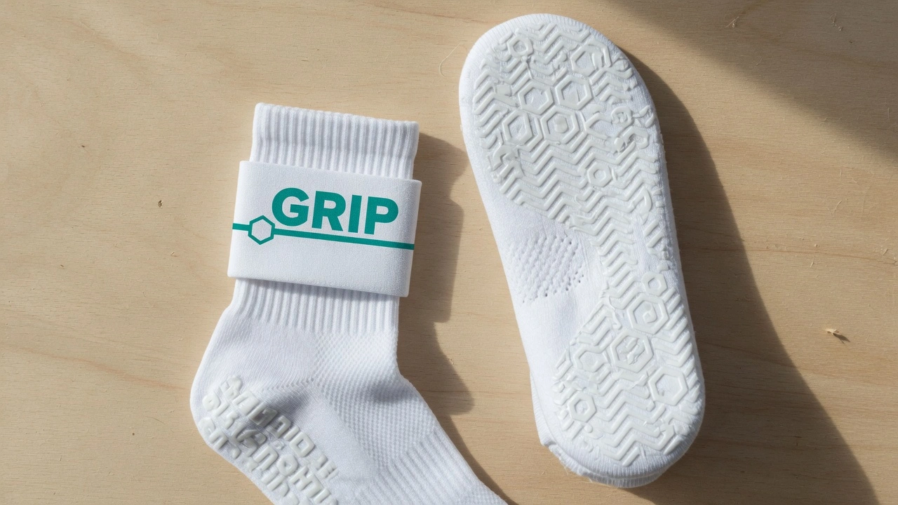 Flat lay of custom branded white trampoline park grip socks showing a bold clean logo on the ankle cuff in a venue brand colour, with the PVC grip sole visible, on a bright surface