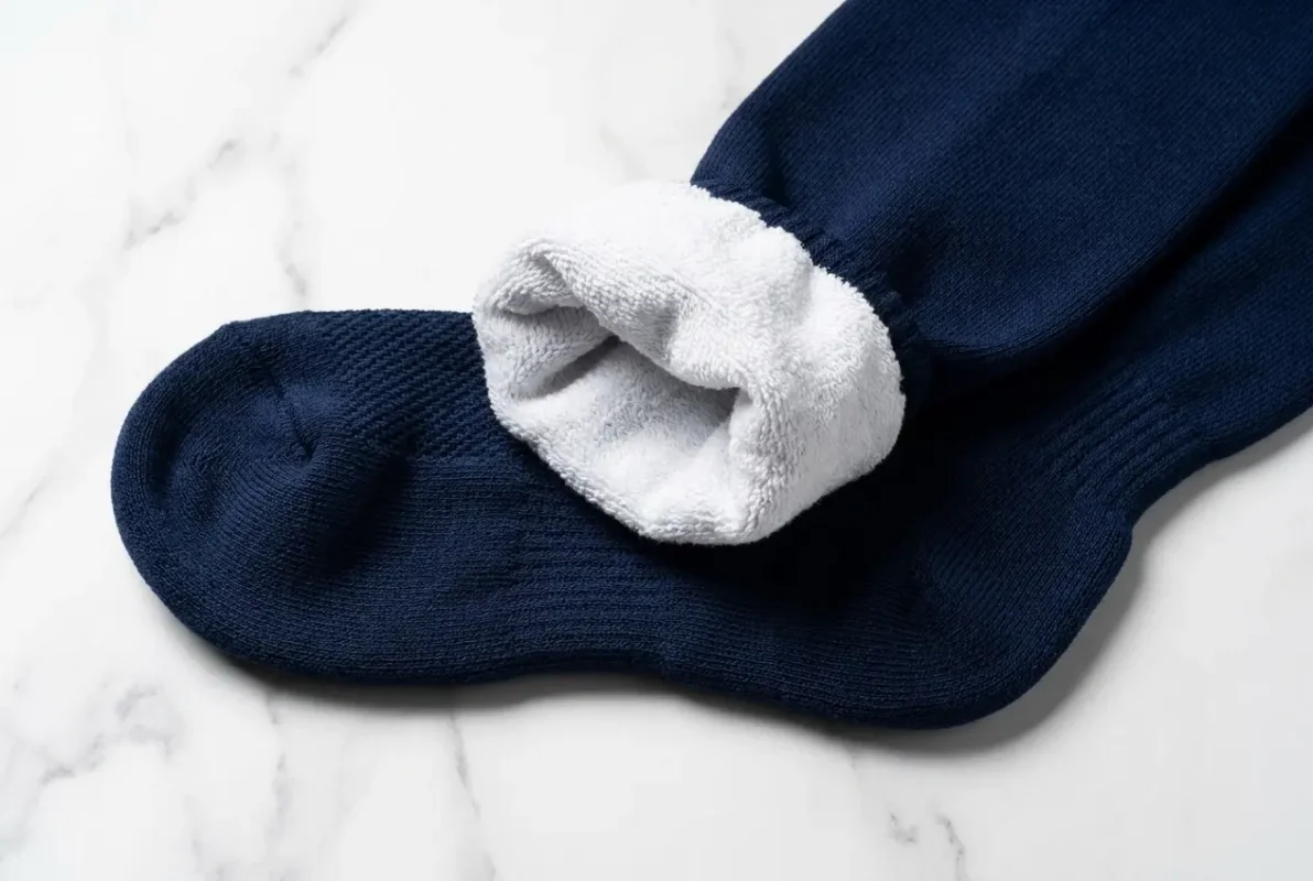 Close-up flat lay of a custom soccer sock showing the interior construction detail — reinforced terry loop heel, cushioned ball-of-foot zone, and ribbed cuff visible against a clean light surface