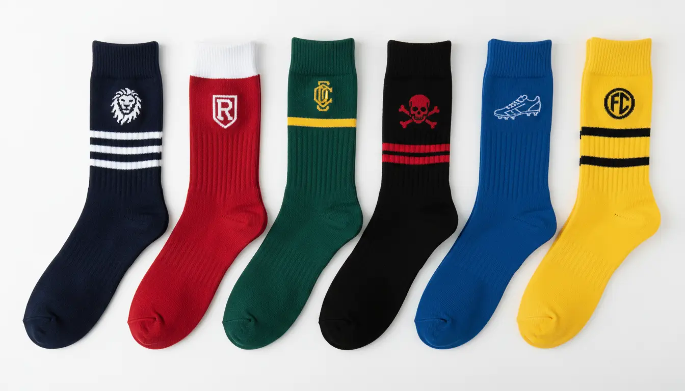 Flat lay of six custom soccer socks in different team colours — navy, red, green, black, royal blue, and yellow — each showing different stripe patterns and woven crest details, arranged in a fan or grid on a white surface