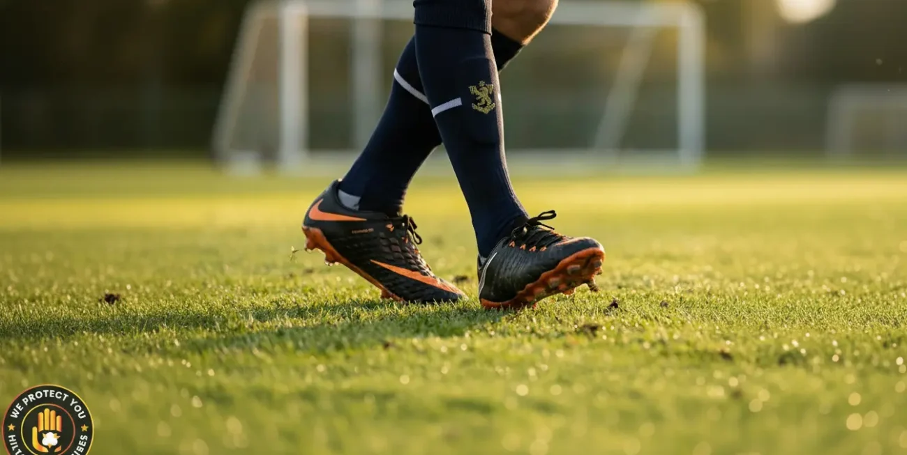 Close-up of a footballer's legs wearing custom team-coloured soccer socks with a woven club crest on the cuff, standing on a natural grass pitch with blurred goalposts in the background