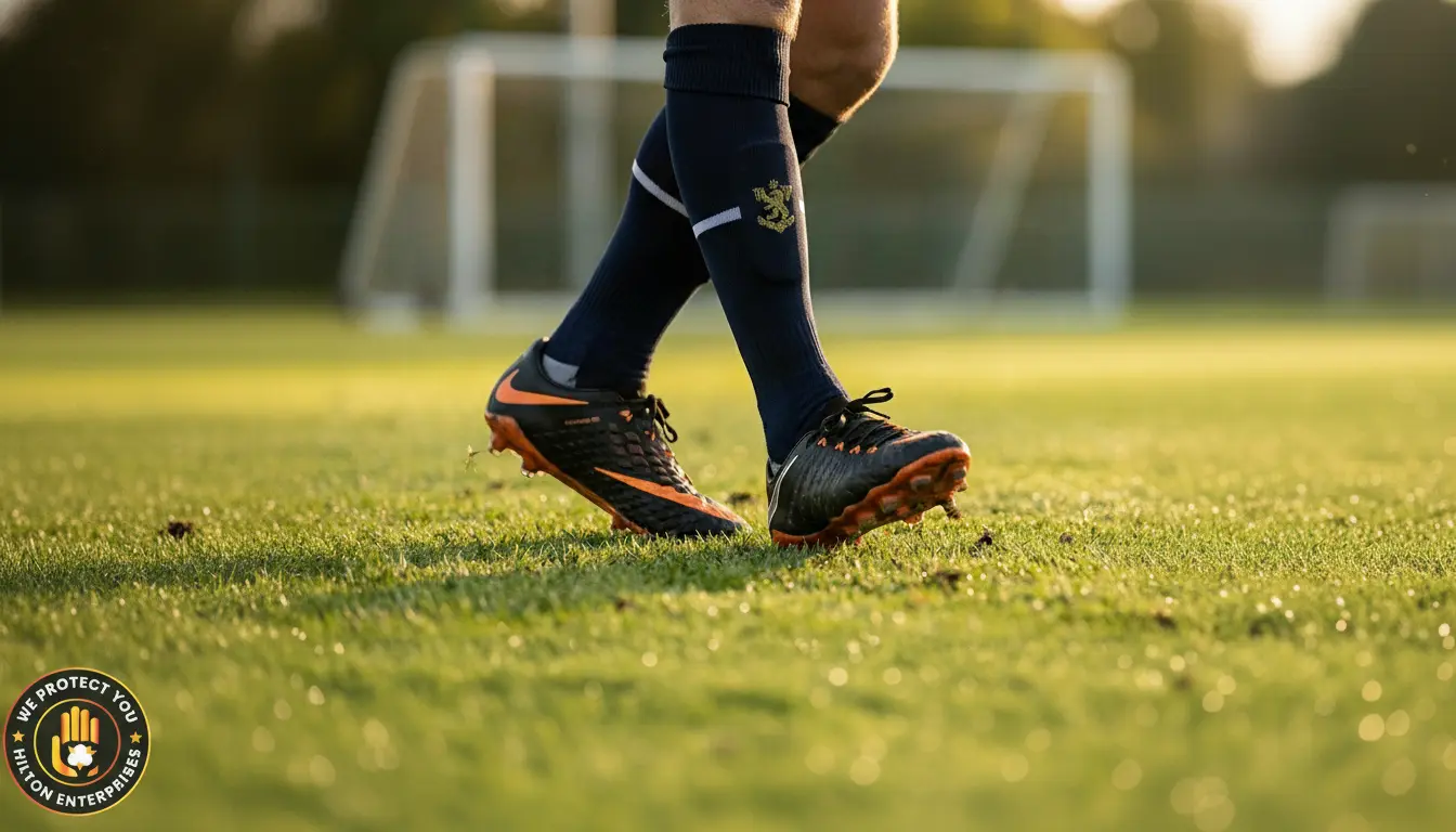 Close-up of a footballer's legs wearing custom team-coloured soccer socks with a woven club crest on the cuff, standing on a natural grass pitch with blurred goalposts in the background