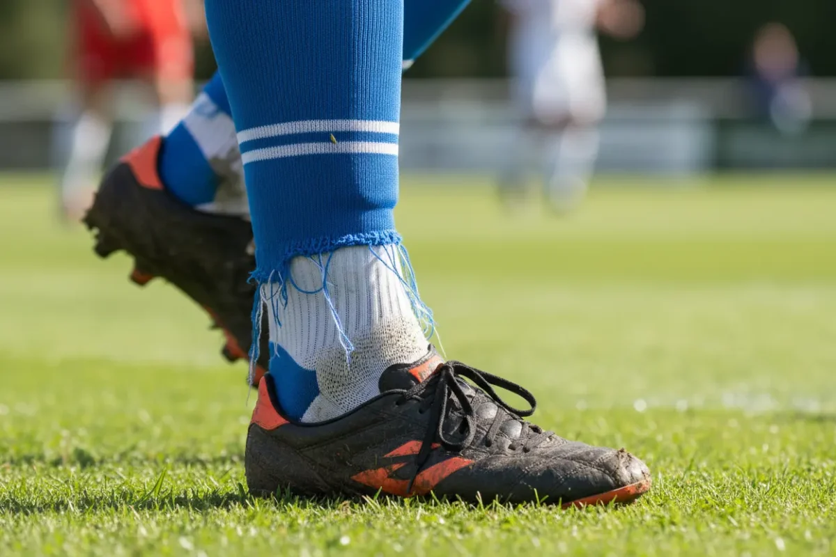 Close-up of a footballer's ankle and boot showing a cut team soccer sock worn as a sleeve over a white grip sock underneath, with fraying visible at the cut edge above the boot