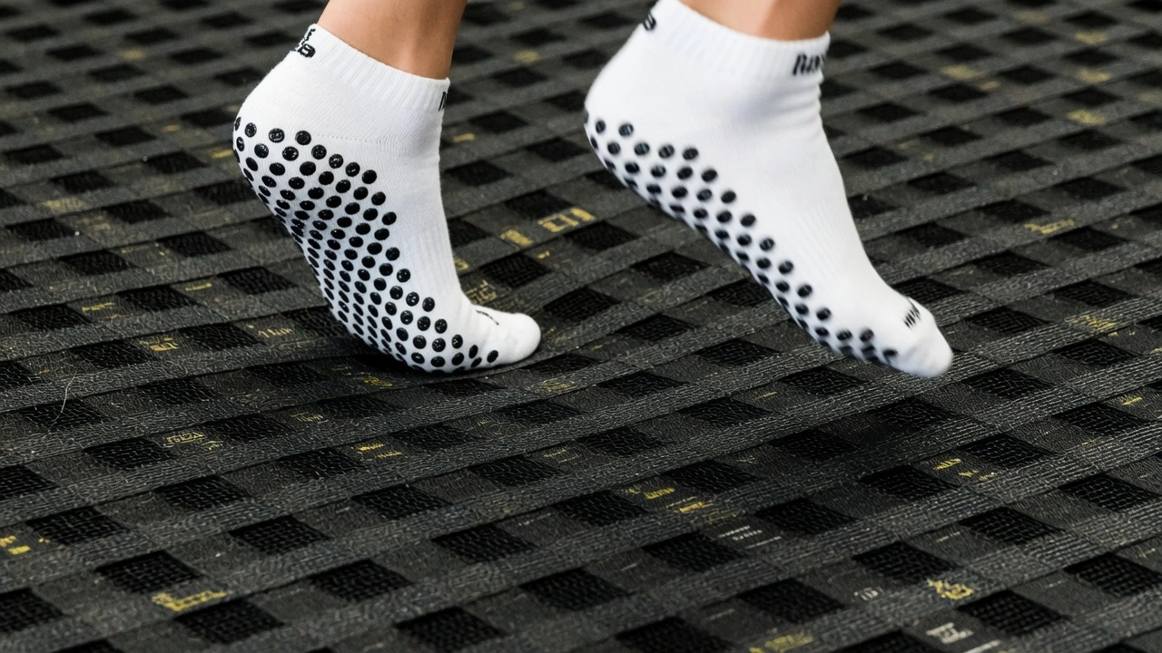 Close-up of two feet wearing white grip socks with PVC sole pattern making contact with a trampoline polypropylene mesh surface, showing the traction grip in use