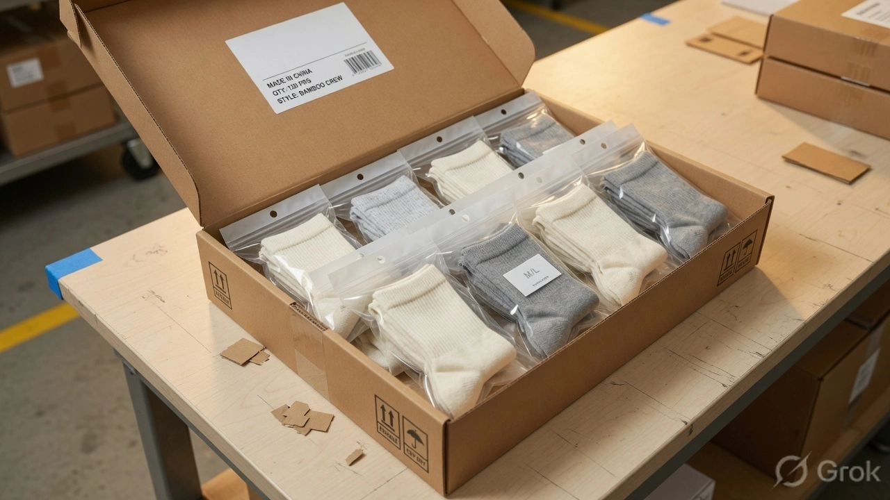 Wholesale export carton of bamboo summer socks in various cuts and natural tones packed in individual polybags ready for shipment from Hilton Enterprises Faisalabad facility