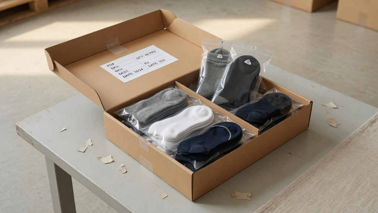 Open wholesale carton of men's summer socks in multiple styles and colours ready for export showing branded private label packaging from Hilton Enterprises manufacturing facility
