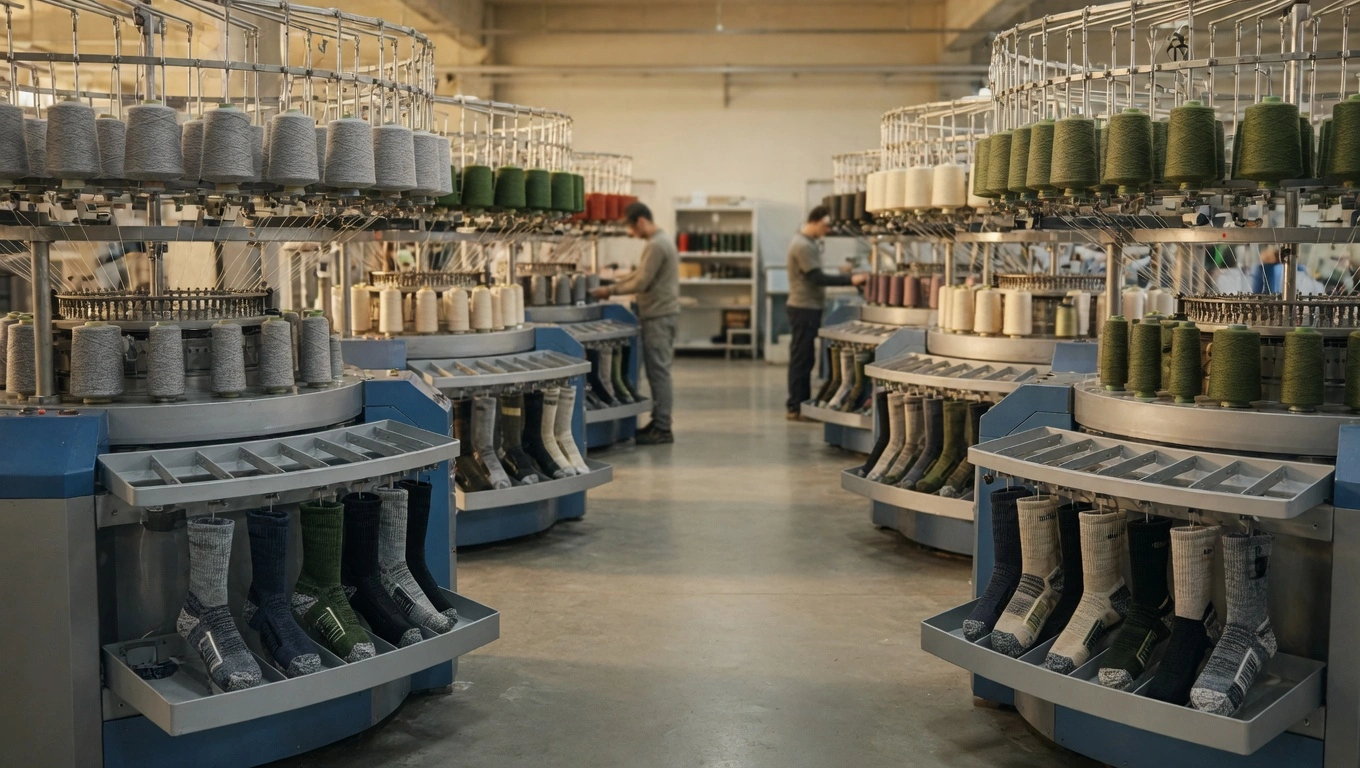 Athletic and hiking sock production line showing merino and performance blend crew socks at various stages of manufacture in a clean professional textile factory