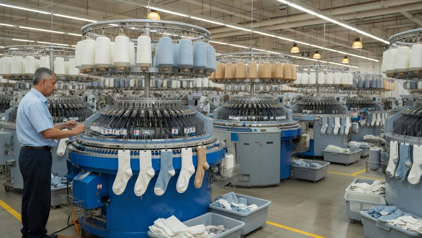 Premium sock manufacturing facility with multiple styles of summer socks on knitting machines