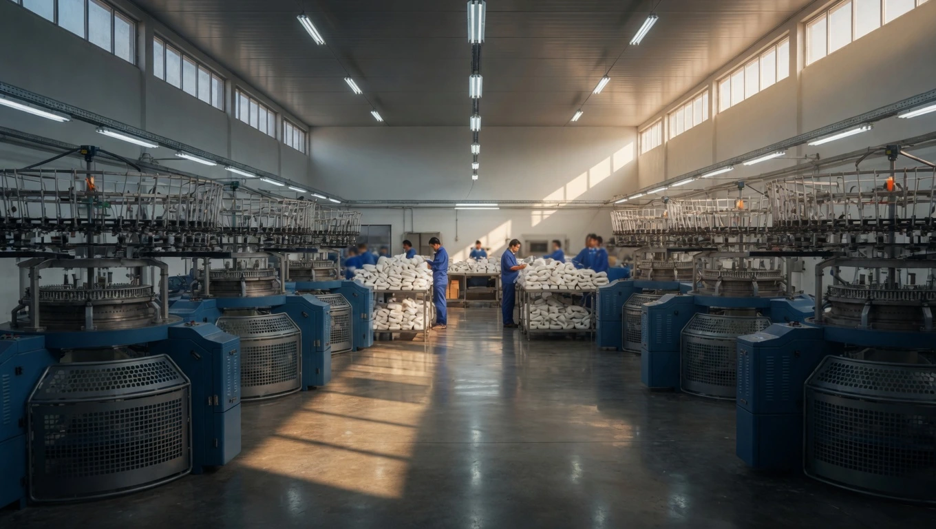 Wide interior shot of Hilton Enterprises' professional sock manufacturing facility in Faisalabad, Pakistan, showing rows of industrial circular knitting machines in a clean well-lit factory producing wholesale grip socks