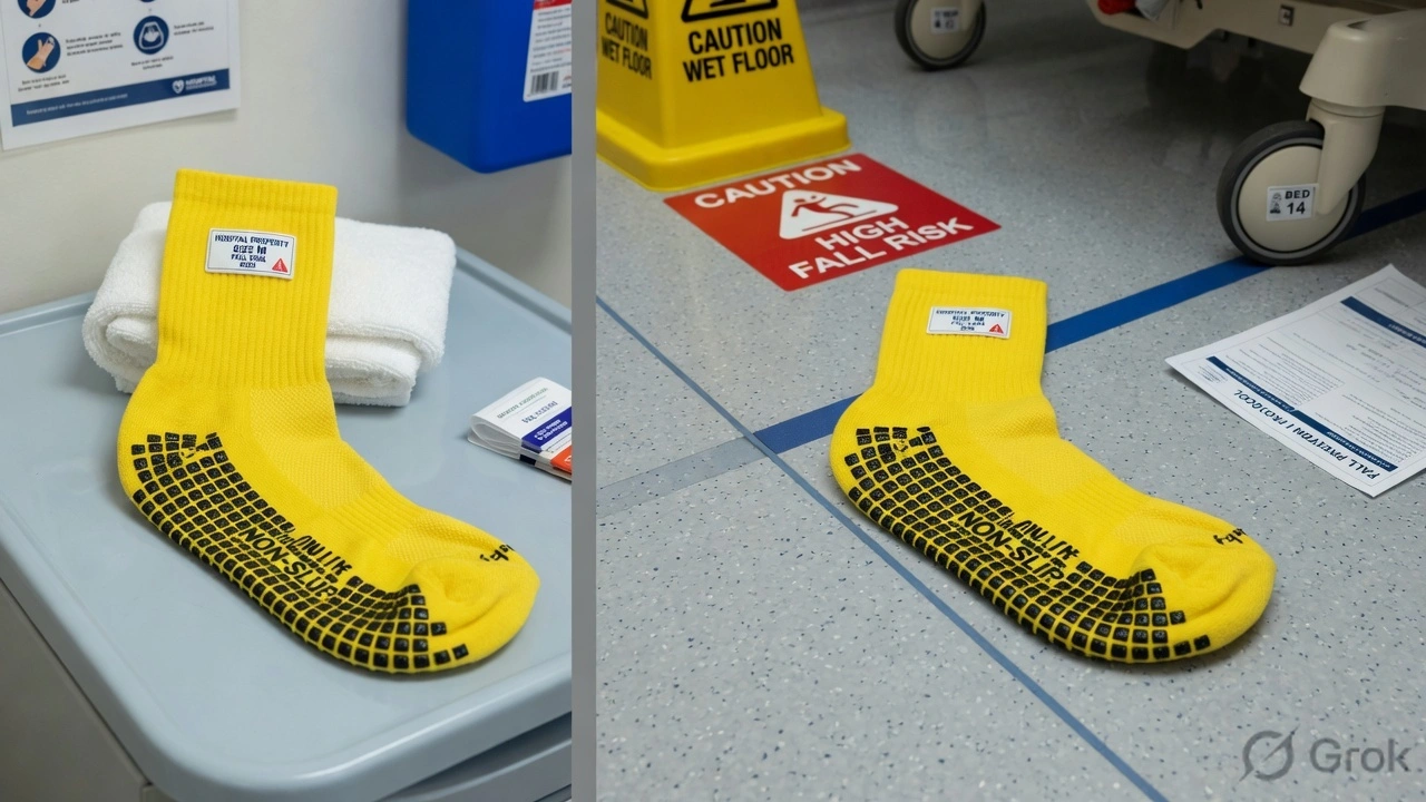 Split image: yellow hospital sock labelled Size Medium on the left, identical yellow sock labelled Fall Risk on the right, showing the dual-use colour conflict