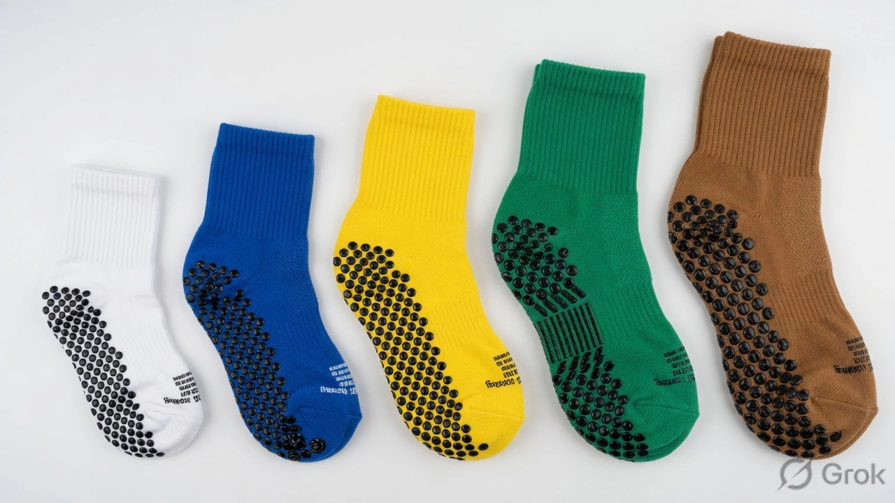 Overhead flat lay of hospital socks in ascending size order: white XS, blue S, yellow M, green L, brown XL — colour-coded sizing convention reference