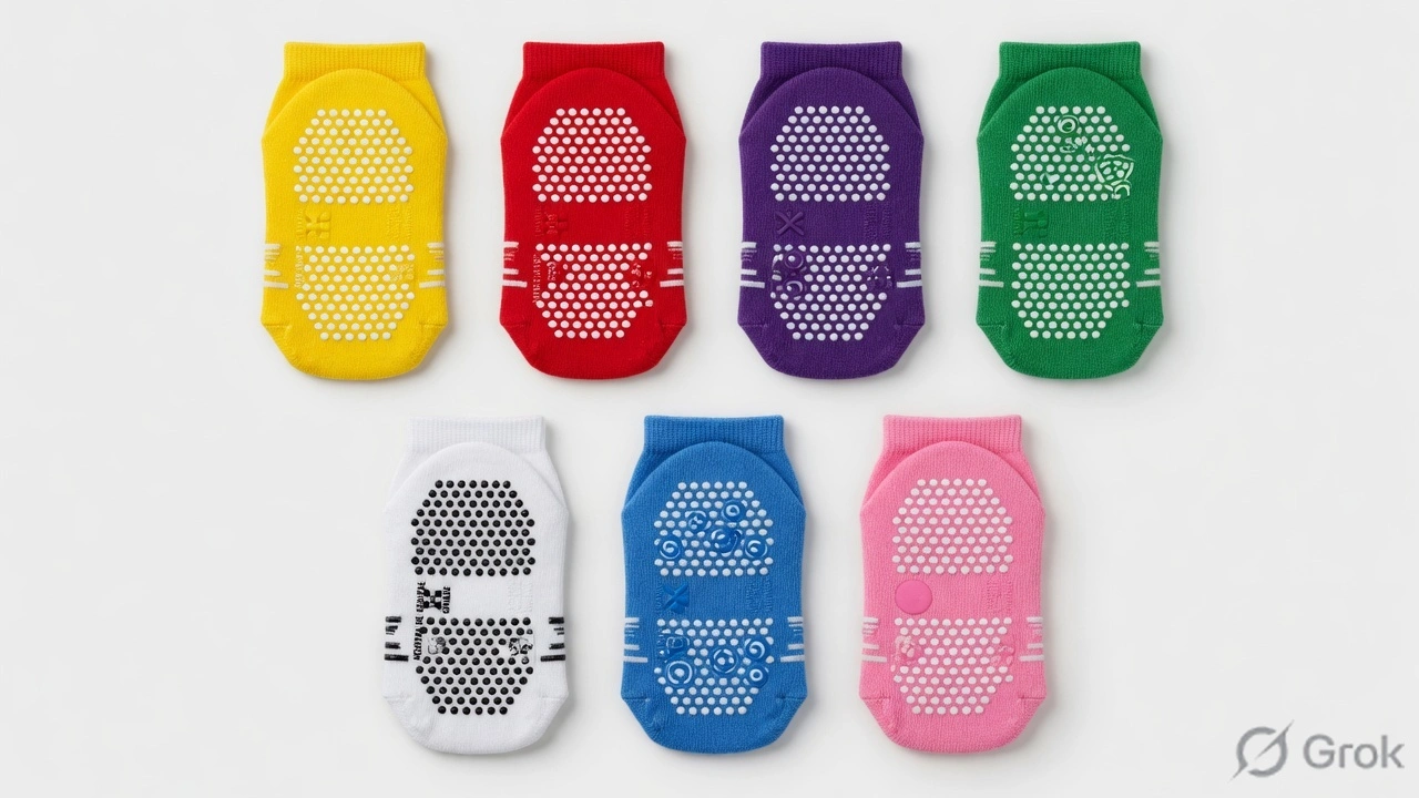 Overhead flat lay of seven hospital grip socks: yellow fall risk, red allergy, purple DNR, green latex allergy, white standard, blue facility-specific, pink restricted extremity