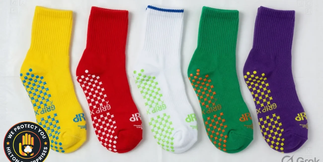 Five colour-coded hospital grip socks in a row — yellow, red, white, green, purple — with non-slip rubber dot patterns visible on soles