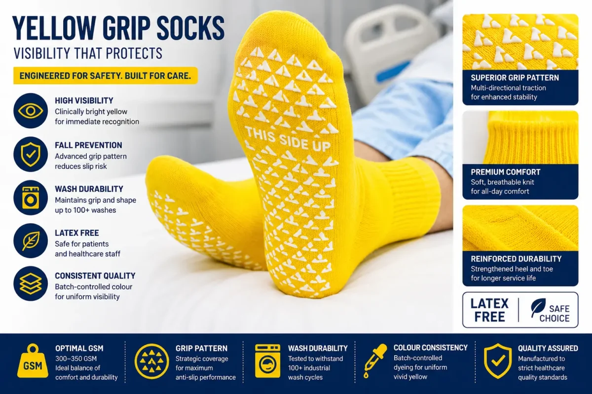 Elderly patient's feet wearing bright yellow non-slip hospital grip socks on a clean hospital ward floor, fall prevention clinical setting