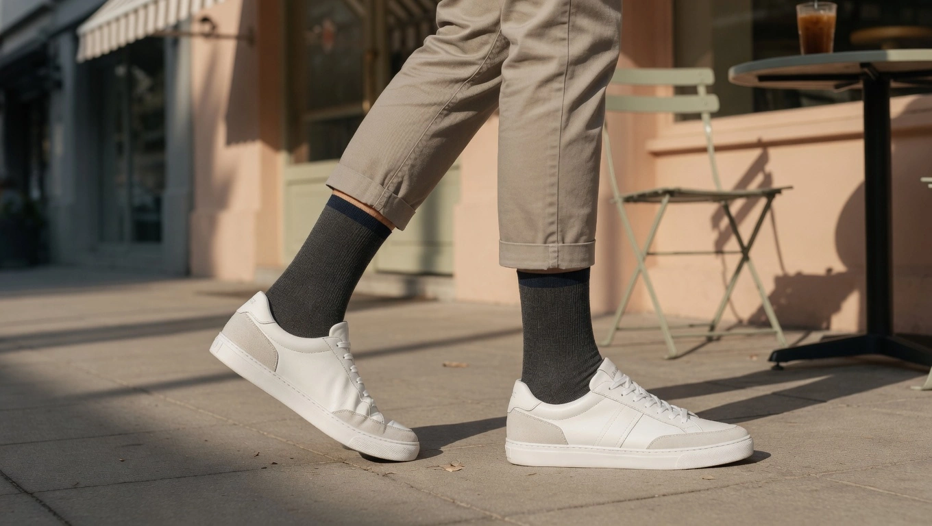 Person's lower legs wearing lightweight modern compression knee-high socks with casual summer chinos and clean sneakers in a bright outdoor setting