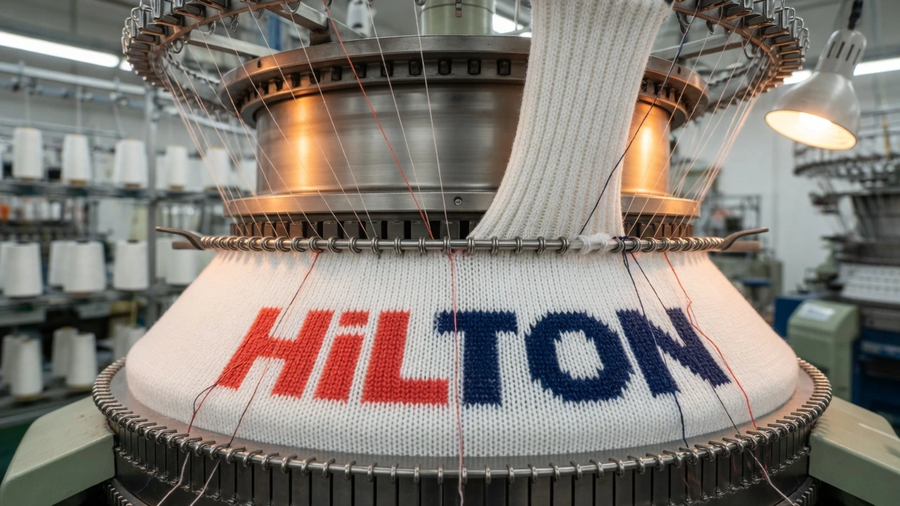 Close-up of an industrial circular knitting machine in operation, showing white and coloured yarn threads forming a studio logo pattern woven directly into the sock fabric structure during production