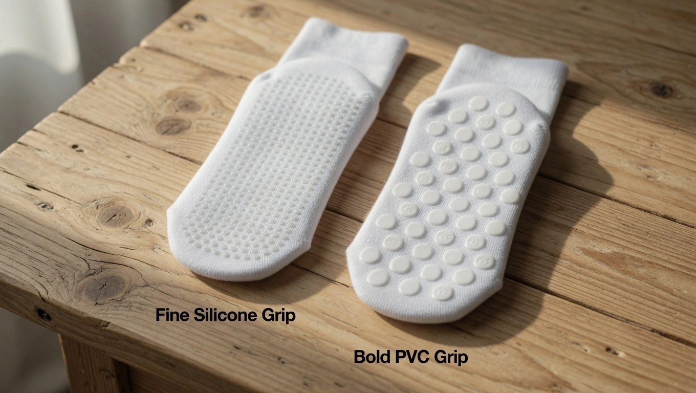 Side-by-side flat lay of two white grip sock soles — left showing fine high-density silicone dot pattern recommended for lagree, right showing bold widely-spaced PVC pattern not recommended for the Megaformer