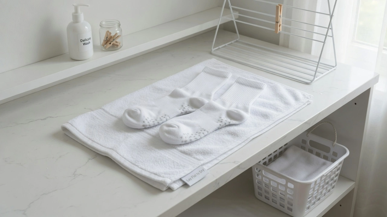 White grip socks turned inside-out and laid flat on a clean white towel to air dry, with a small laundry basket visible in a bright minimal bathroom or utility space