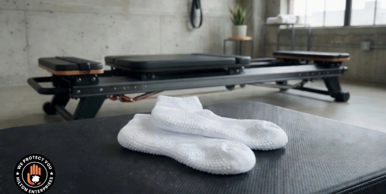 Custom branded white grip socks with fine silicone dot pattern placed on a Megaformer carriage platform in a clean, modern lagree studio