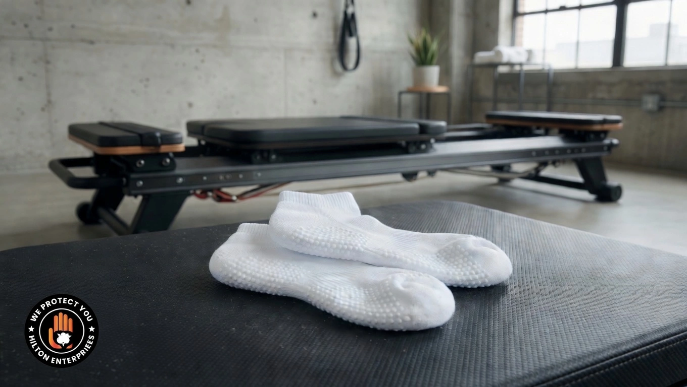 Custom branded white grip socks with fine silicone dot pattern placed on a Megaformer carriage platform in a clean, modern lagree studio