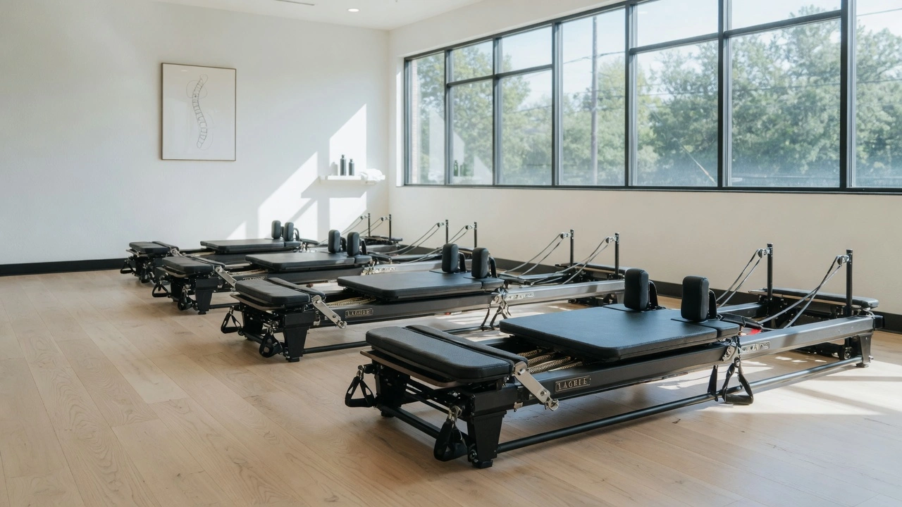 Interior of a modern boutique lagree studio showing a row of Megaformer machines on a sprung wooden floor with clean minimalist decor and soft natural light