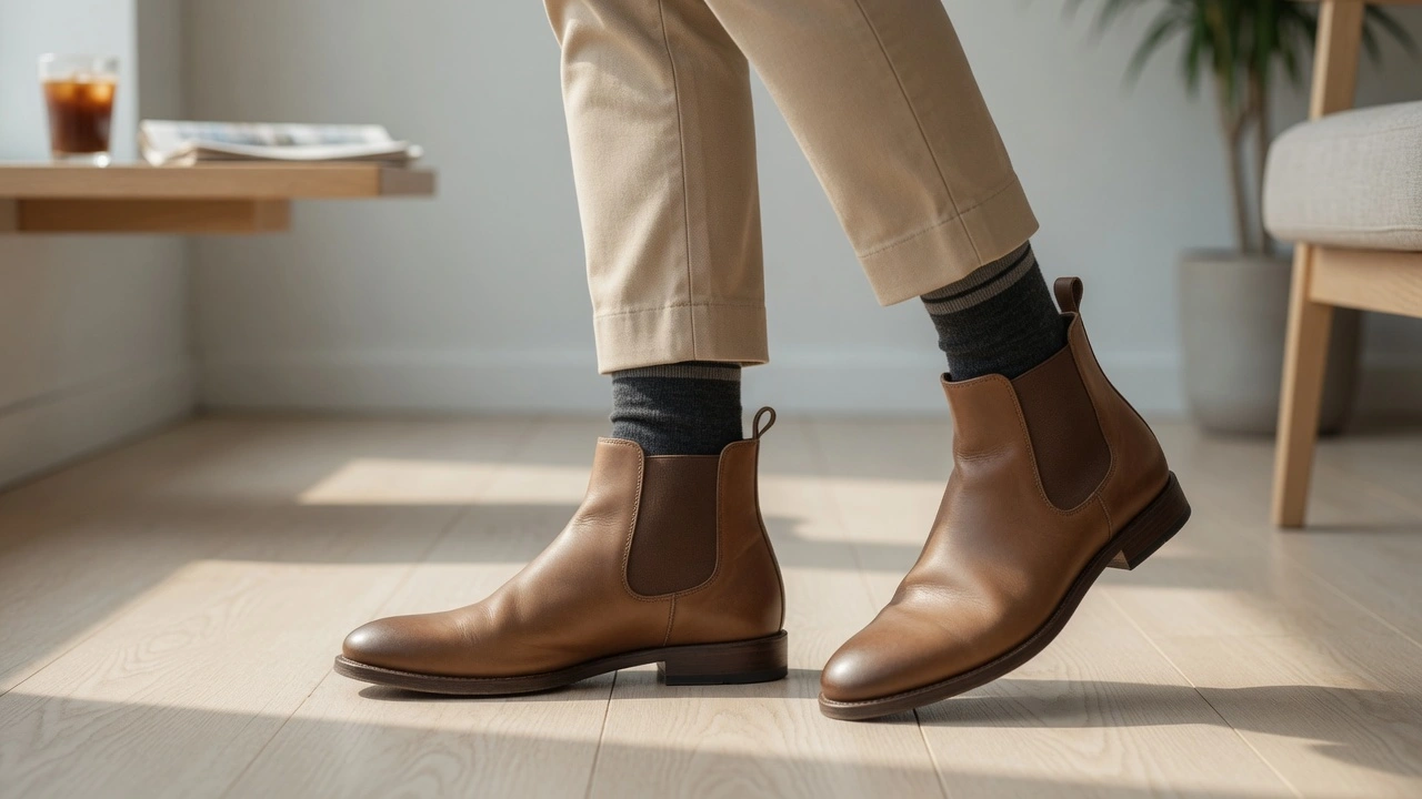 Man's lower legs in slim chinos and leather Chelsea boots with a lightweight grey merino crew sock visible above the boot collar in a clean indoor setting