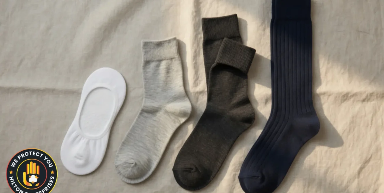 Flat lay of men's summer socks in different styles and materials including merino crew ankle and no-show cuts on a clean light surface in warm daylight