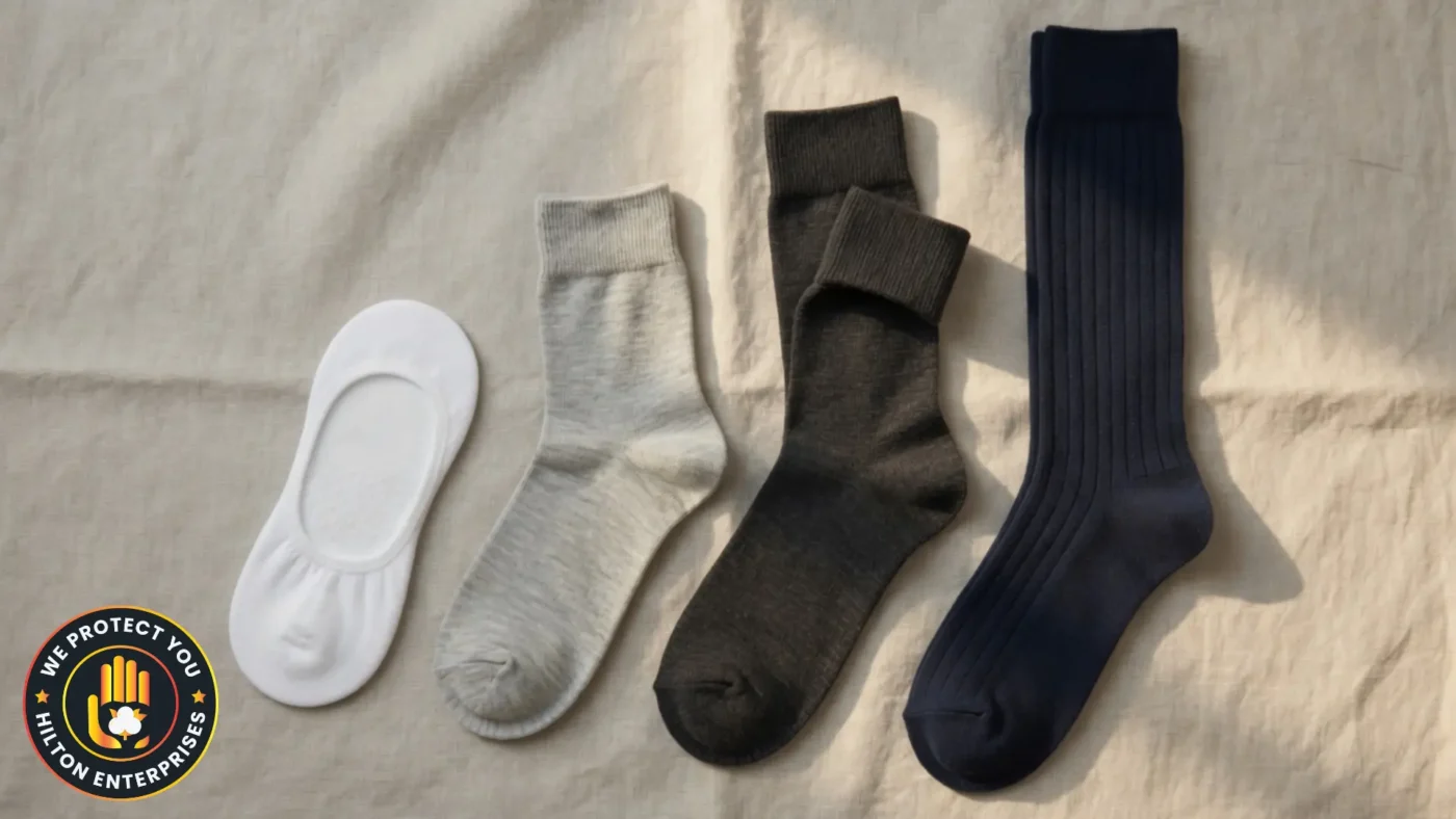 Flat lay of men's summer socks in different styles and materials including merino crew ankle and no-show cuts on a clean light surface in warm daylight