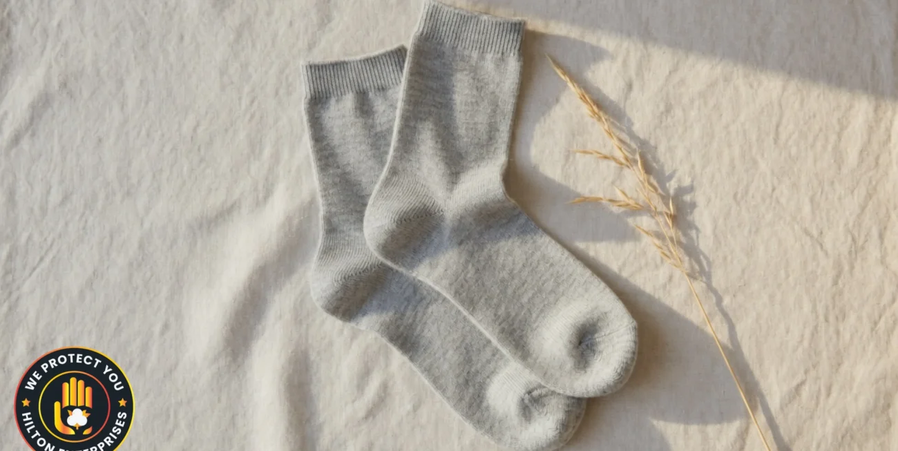 Close-up of lightweight merino wool crew socks laid flat on a natural linen surface in warm summer daylight showing fine open-knit fiber texture