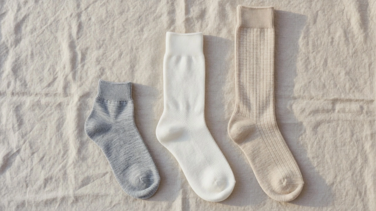 Flat lay of three merino wool summer sock cuts side by side — ankle, crew, and knee-high — on a natural linen surface in warm daylight