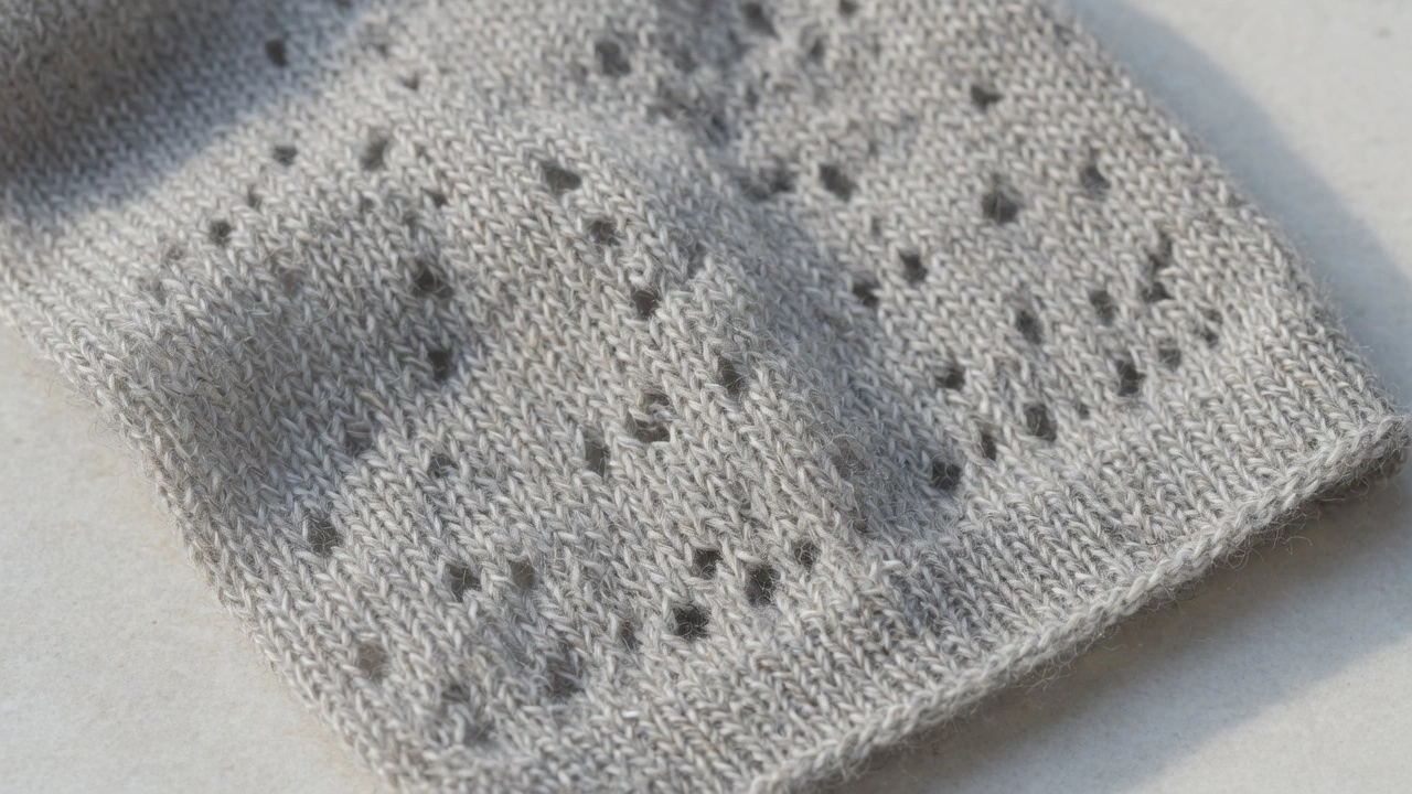 Extreme close-up macro photograph of fine merino wool summer sock fabric showing open-knit fiber structure and individual yarn fibers under natural sidelight