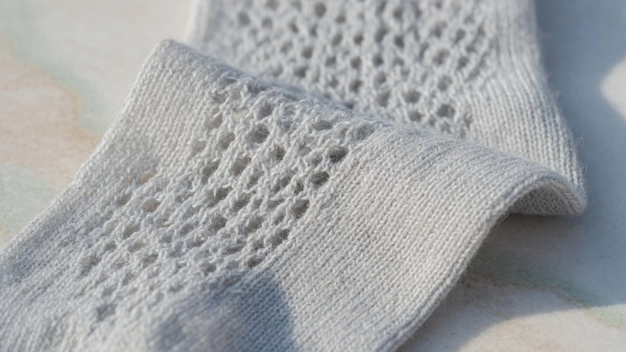 Close-up macro texture of fine merino wool summer sock fabric showing open breathable knit structure