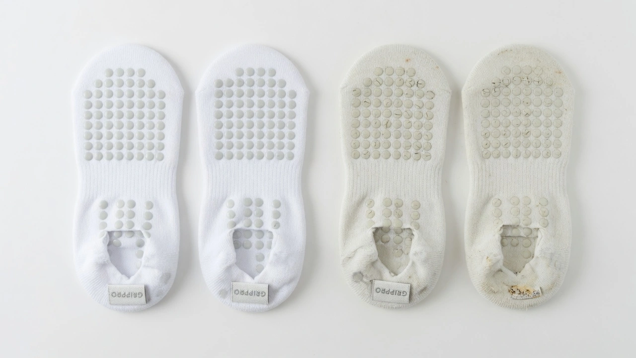 Side-by-side comparison of a brand new white trampoline park grip sock next to a visibly worn and used white grip sock, showing how white colour makes hygiene status immediately visible