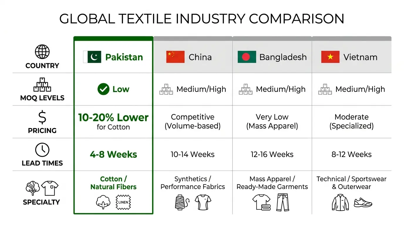 Comparison chart Pakistan vs China Bangladesh Vietnam clothing manufacturing advantages