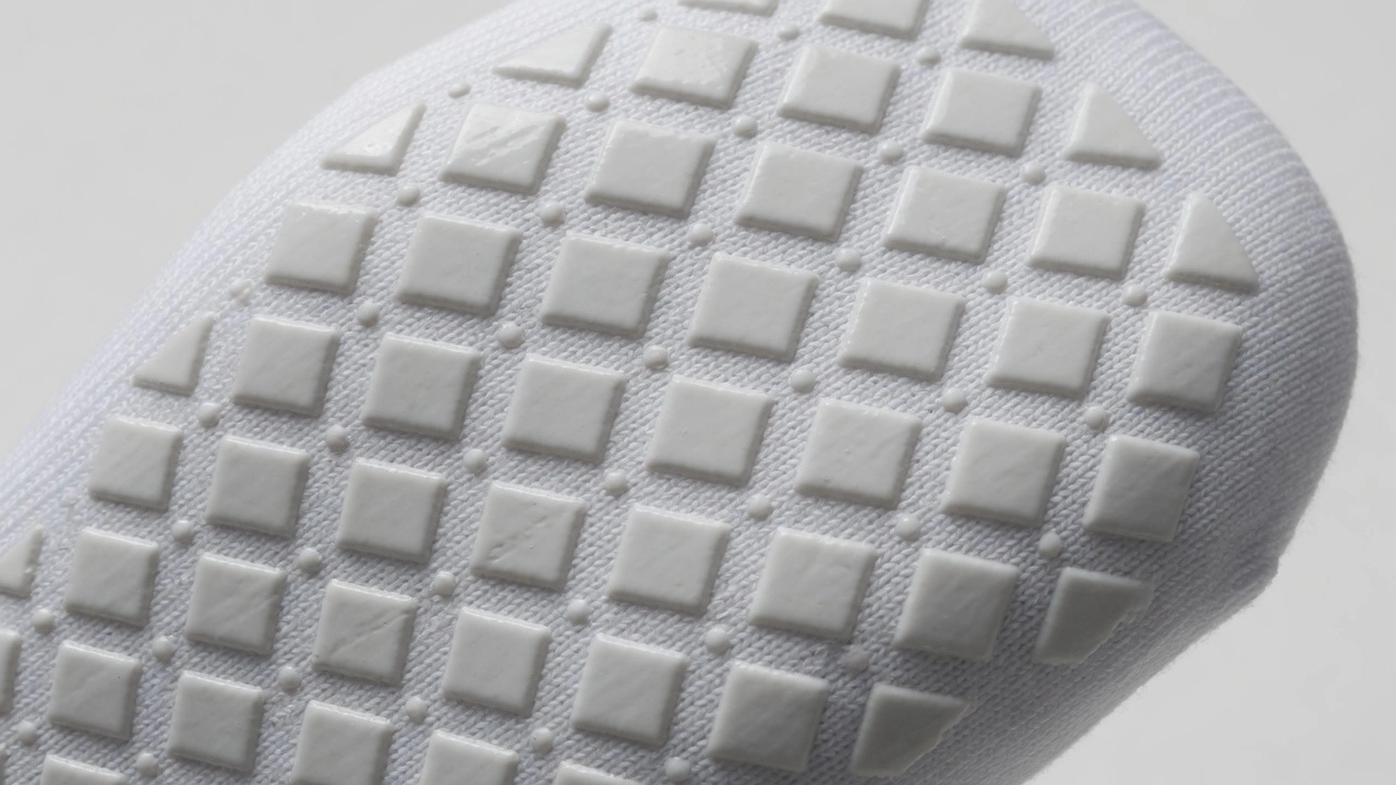 Macro close-up photograph of a bold PVC screen-printed grip pattern on the sole of a white venue grip sock, showing the raised pattern texture and full sole coverage