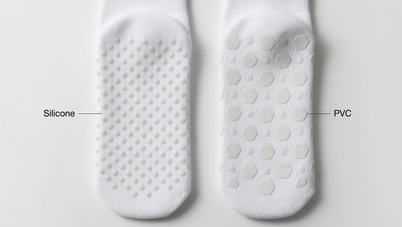 Side-by-side flat lay comparison of two grip sock soles — left showing fine silicone dot grip pattern, right showing larger PVC print grip pattern, on a white surface
