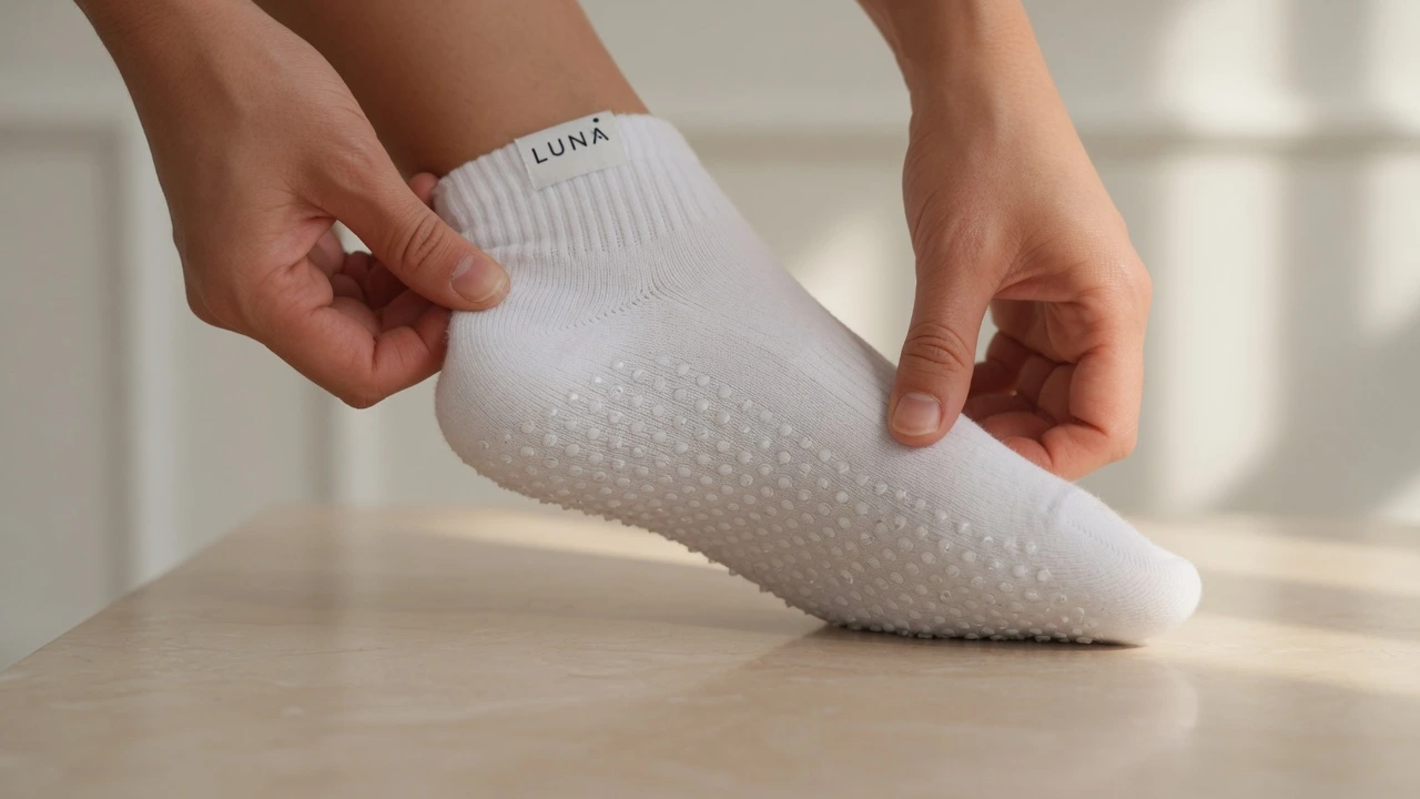 Close-up of two hands holding a custom branded white pilates grip sock sample — one hand gripping the sock body, the other pressing the silicone grip sole against a smooth surface to test adhesion before approving a bulk wholesale order