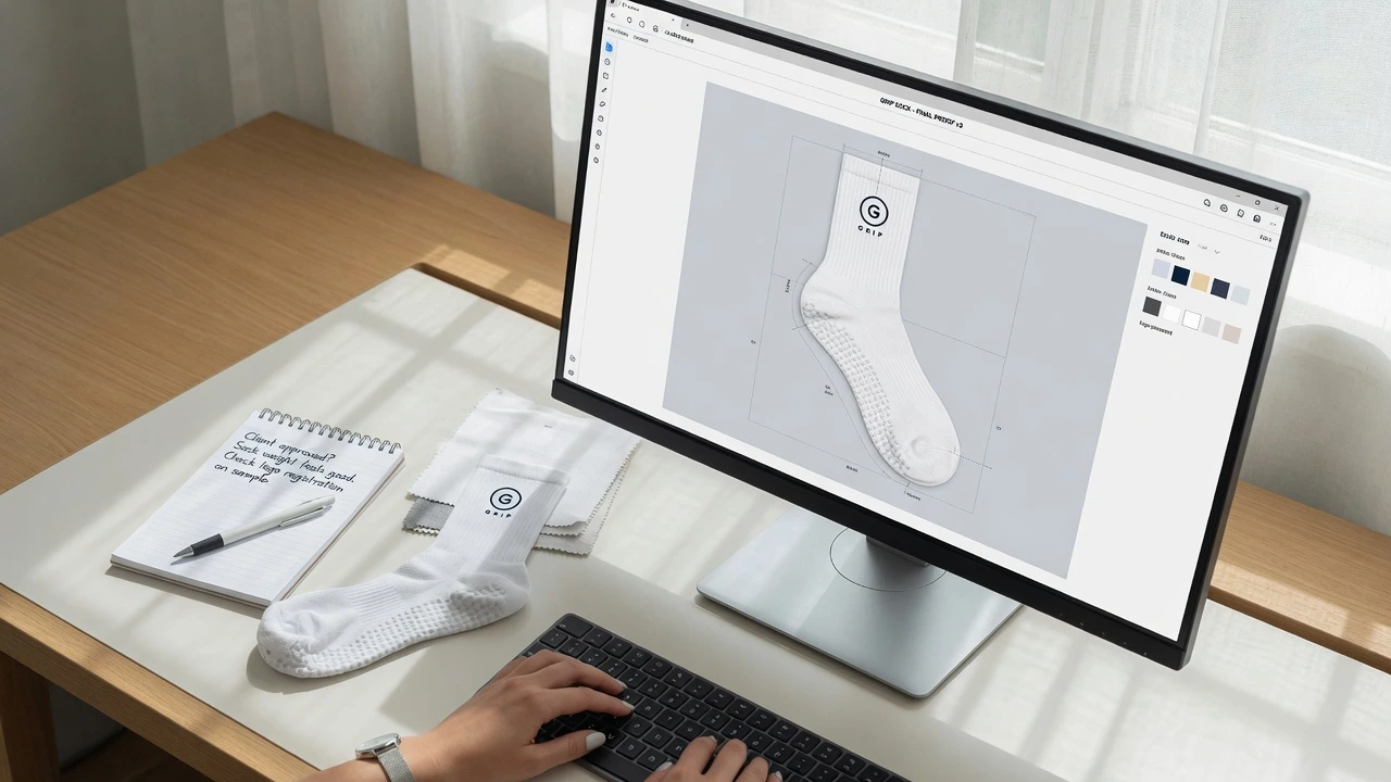 A business professional reviewing a custom grip sock design digital proof on a studio monitor at a clean modern desk, showing logo placement and colour options