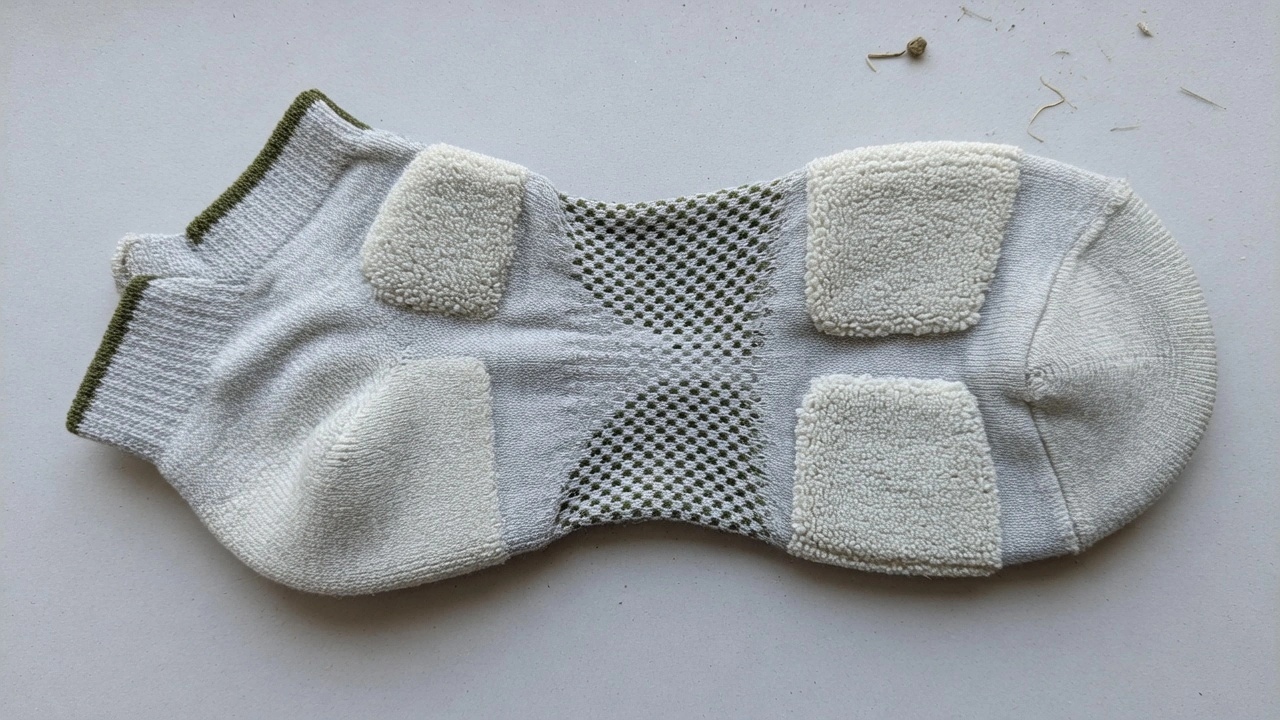 Flat lay of a summer hiking sock sole facing up showing cushioned heel zone ball of foot pad open arch mesh section and flat toe seam construction
