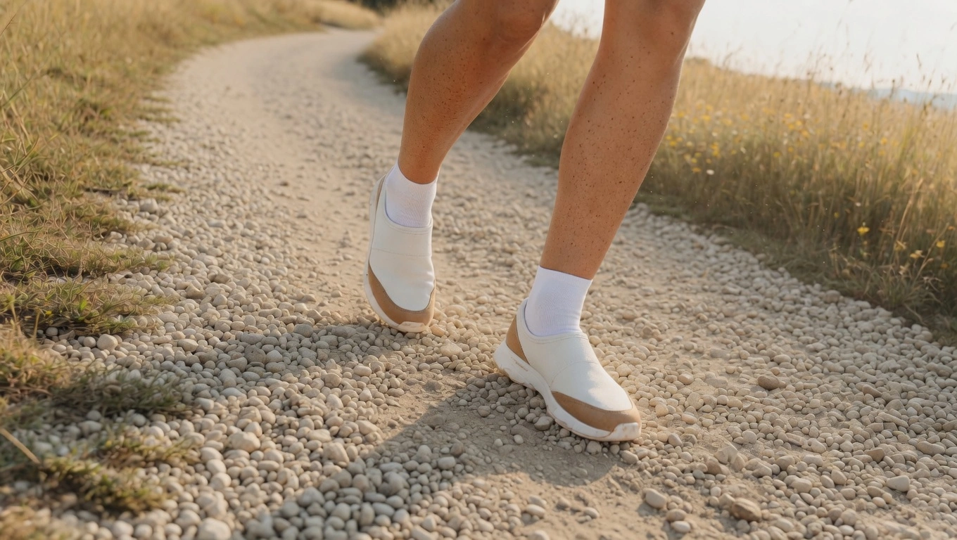 Person's feet in lightweight bamboo ankle walking socks on an easy summer gravel trail path in warm afternoon light wearing trail runners