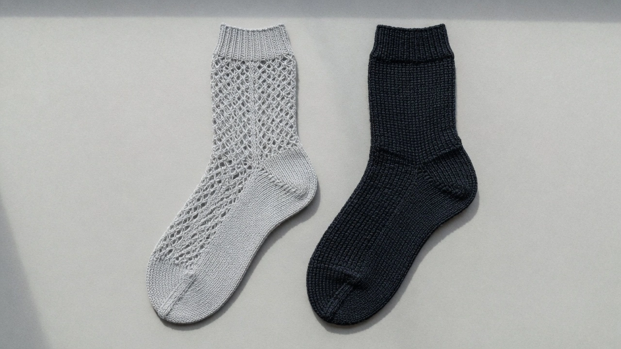 Side by side flat lay comparison of ultralight summer-weight merino wool sock and heavyweight winter merino sock showing the difference in knit density and fabric thickness