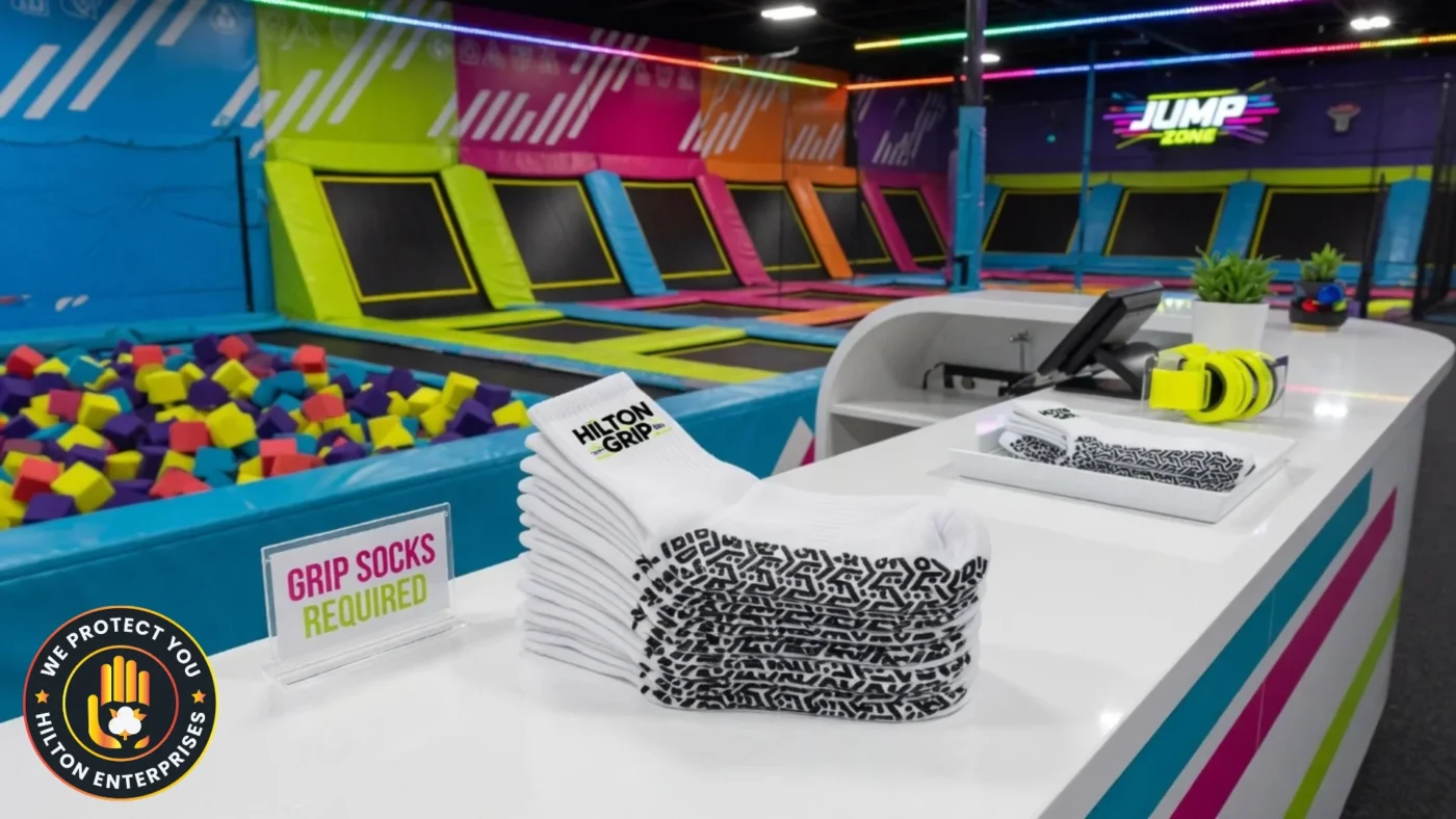 Custom branded white grip socks with bold PVC grip pattern displayed at a modern trampoline park entry desk with colourful park branding visible in the background