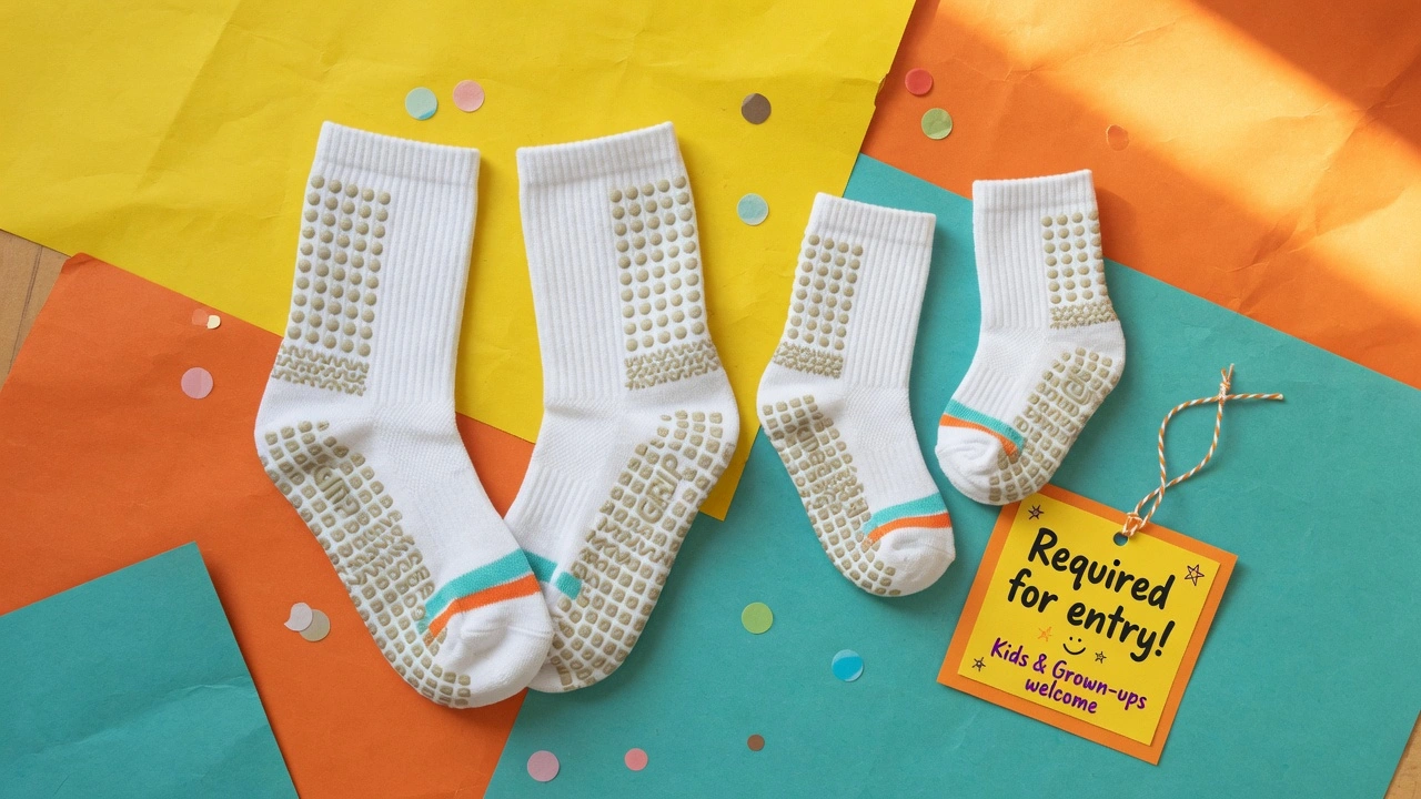 Flat lay of white trampoline park grip socks in two sizes — adult and child — on a bright colourful background suggesting a family day out at a trampoline park