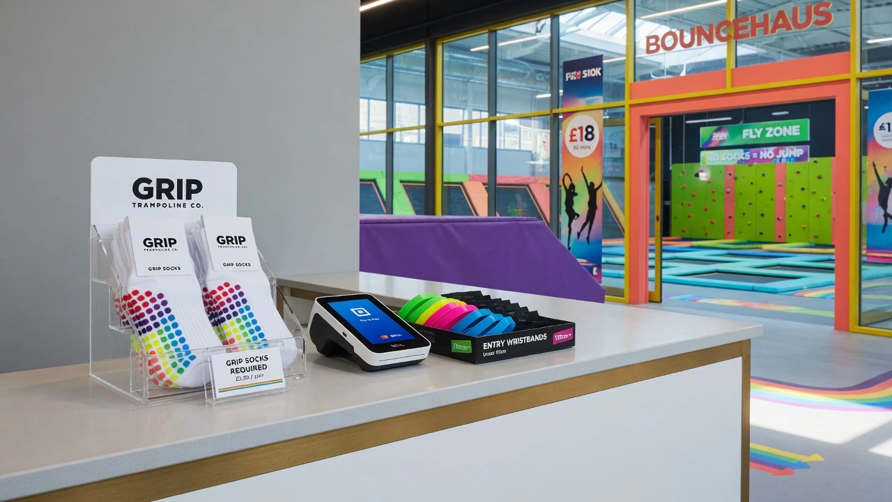A trampoline park entry desk with a clear price display showing grip socks for sale alongside wristbands and entry tickets, with a neat sock display stand and card payment terminal
