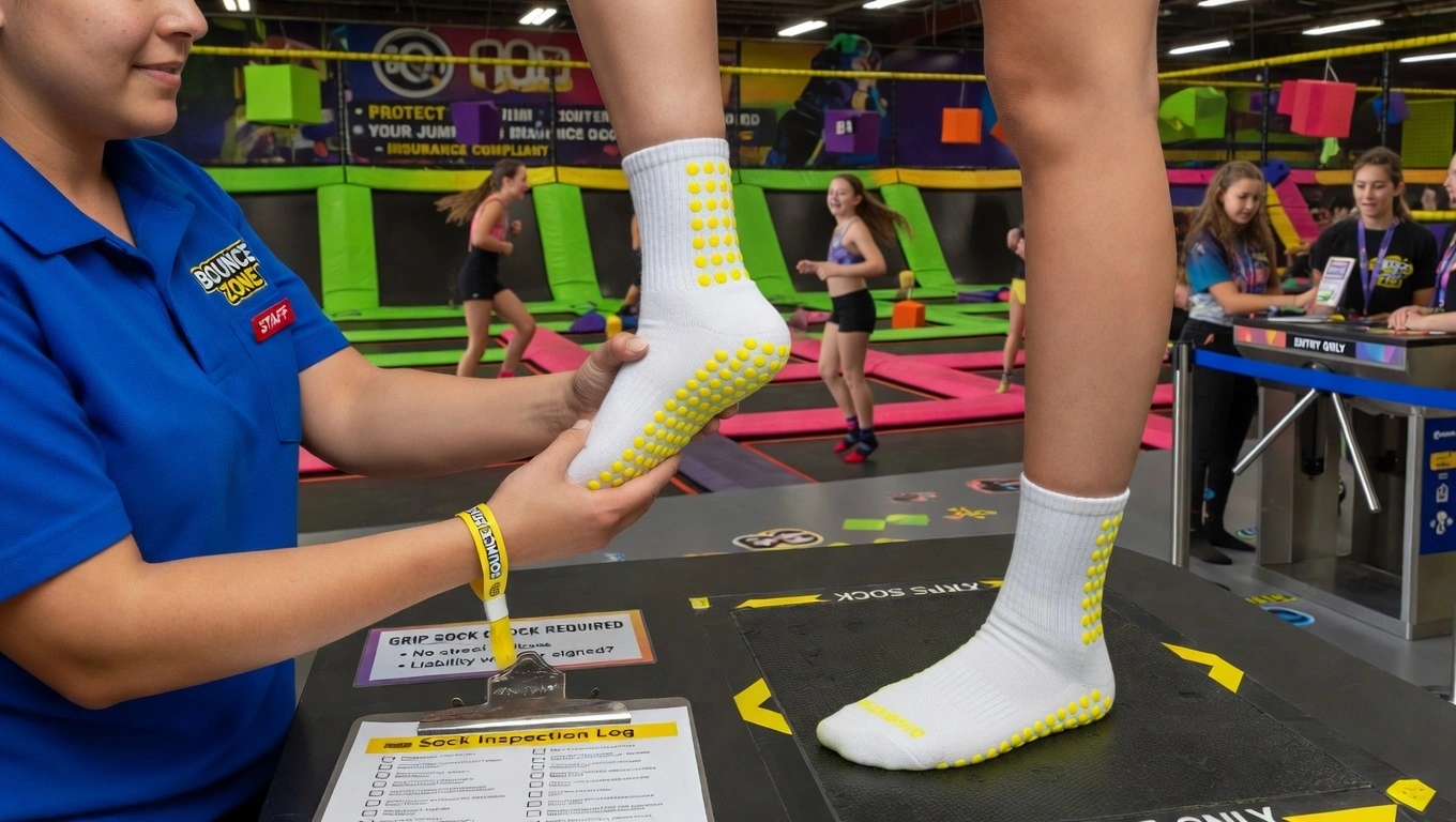 A trampoline park staff member in branded uniform checking a guest's grip socks at the venue entry gate, verifying the non-slip sole before allowing entry