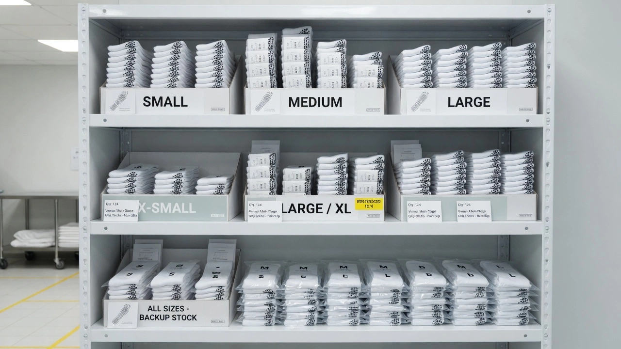 Organised back-of-house stock room shelf at a trampoline park showing neatly arranged stacks of white grip socks in multiple size ranges from toddler to adult XL